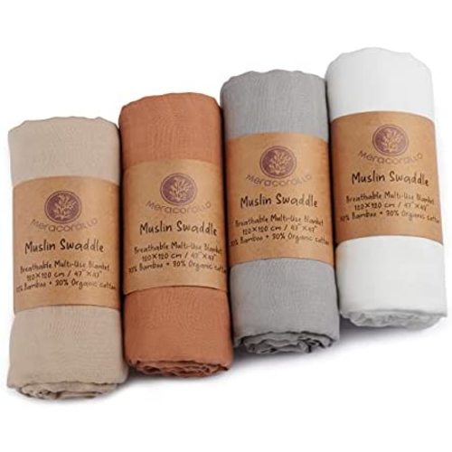 Meracorallo Muslin Swaddle Blanket Silky Soft Receiving Blanket Neutral Swaddle Wrap for Baby Boys and Girls, 47 x 47 inches, Set of 4 Solid Color