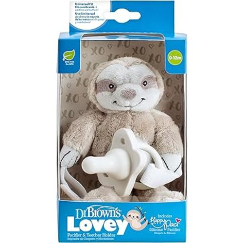 Dr. Brown's Baby Lovey Pacifier and Teether Holder, Sloth with Gray HappyPaci, 100% Silicone, 0-6m