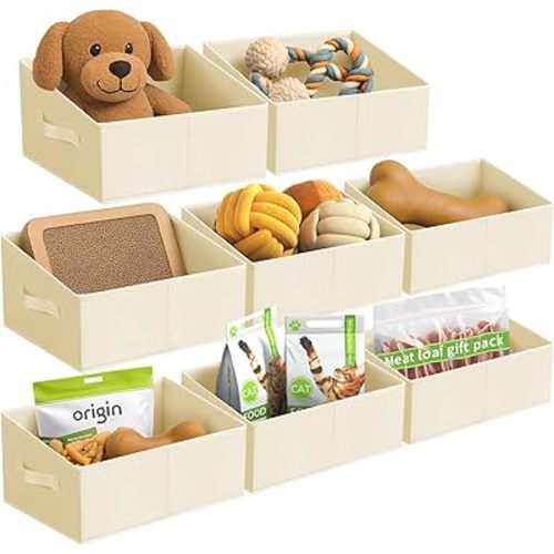 Fabric Storage Bins for Pets - 8 Pack Trapezoid Cube Organizer with Handles, Foldable Pet Toy Basket for Shelves, Large Open Front 22L Collapsible Storage for Dog Cat Supplies, Beige