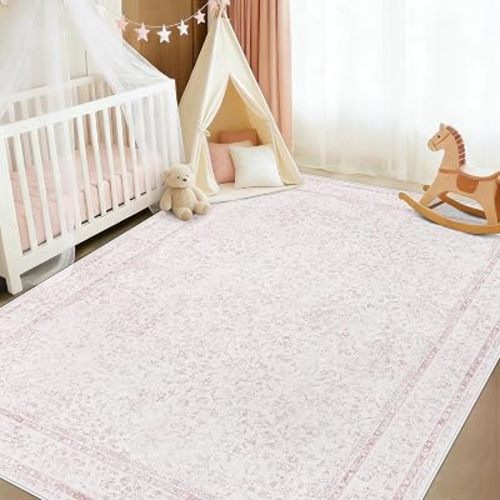 5x7 Area Rugs for Living Room: Washable Vintage Floral Rug Low Pile Non-Slip Boho Carpet for Nursery Bedroom Dining Room (Pink, 5'x7')