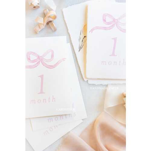 Monthly Milestone Cards Watercolor Bow, Stork, Bunny Baby Set of 12 Months on Handmade Paper or Cardstock Pink | Blue | Yellow | Green