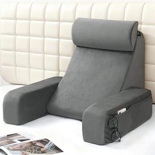 ENITYA 19" Back Support Pillow,Reading Pillow with Built-in Arms & Large Pockets, Removable Washable Cover, Wedge for Sitting,Reclining,Watching TV,Post Surgery in Bed,Couch or Floor,Medium Firm,Grey
