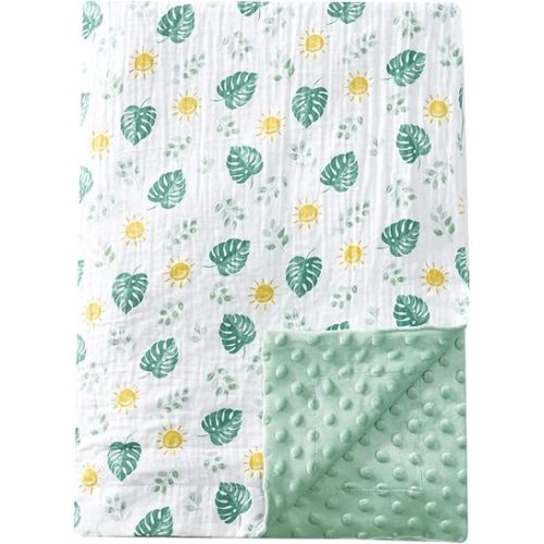 david's kids Muslin Minky Baby Blanket for Boys Girls with Muslin Cotton Front and Dotted Fleece Backing, Breathable and Soft Lightweight Receiving Blanket for Newborns, 30x40 Inches, Leaf