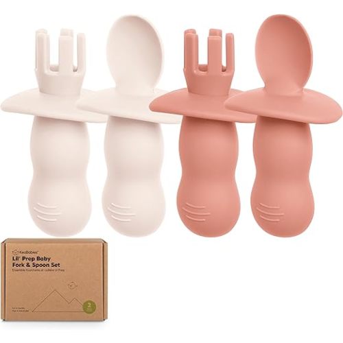 KeaBabies 4-Pack Silicone Baby Spoons and Forks Set - Baby Led Weaning Utensils 6-12 Months, Self Feeding Toddler Spoon & Fork for Training, Teething, Easy to Hold, BPA-Free Silicone (Roseate)