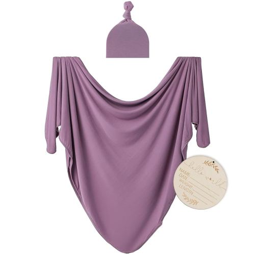 Large Jersey Knitted Swaddle Blanket for Baby, Soft Stretchy Receiving Blanket for Newborns with Hat, Baby Nursery Swaddle 47 x 47 inches(Mauve)