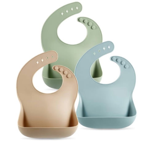 PandaEar Set of 3 Silicone Baby Bibs Waterproof, Soft, Unisex, 10-72 Months (Brown/Blue/Green)