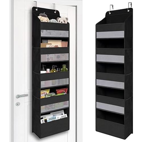 Over Door Organizer with 5 Large Pockets, Heavy Duty Hanging Organizer Storage, Closet Bathroom Nursery Bedroom Dorm, Toys Cosmetics Sundries and Baby Essentials, Black