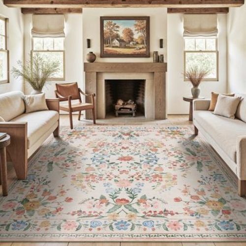 MontVoo Vintage Floral Soft Washable Rug Beige 8'x10'