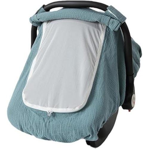Muslin Cotton Baby Car Seat Cover for Boys and Girls, Summer Baby Car Seat Covers Infant Car Seat Canopy with Breathable Mesh Window Windproof Carseat Cover for Babies (Green)