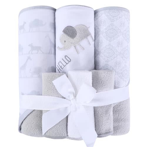Viviland Baby Towels and Baby Wash Cloths Set Hooded Baby Towels Baby Wipes Absorbent Bath Face Towels Burp Cloths or Face Towels for Girl Boy 6-Pack Size 28 x 28 Inch(Grey Animal Friends)