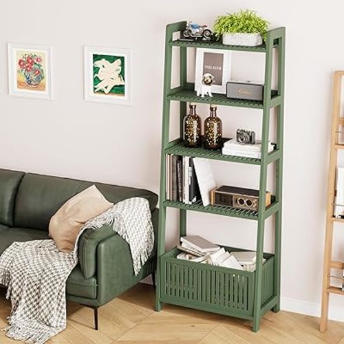 Bamjoy Bamboo Ladder Bookcase, Bookshelf with 4 Display Shelves and 1 Open Storage Basket, Storage Rack Organizer for Home Office, 66” H Forest Green