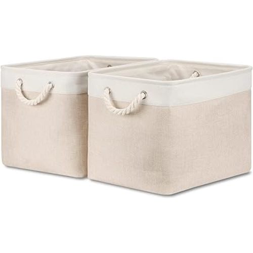 Bidtakay Beige Storage Basket Large Fabric Cloth Baskets [2-Pack] Tall Rectangular Shelf Baskets 16X11.8X11.8 in Canvas Collapsible Storage Bins with Handles for Organizing Living Room(White&Beige)