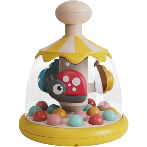 Press Spin Baby Toy Tumble Activity Dome Tumble Top Spinning and Ball Popping Infants Toy Push Spin Carousel Colorful Spinning Faces Activity Learn Cause Effect Toys for 6 Month Plus (Yellow)