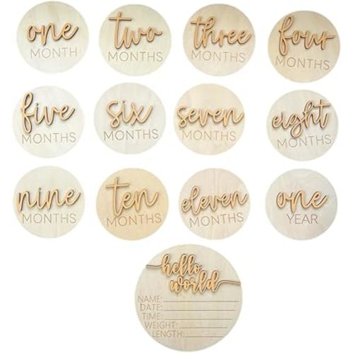 Baby Monthly Milestone Cards, 3D Premium Wooden Discs for Baby Photos and Pregnancy Journey plus BONUS Hello World Sign for Birth Announcement and Documenting Growth, Light Wood Photo Props (13 pcs) Gift (Yellow)