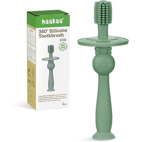 haakaa 360° Baby Toothbrush with Suction Base - Gentle Cleaning for Toddler's Self-Brushing Training, Food-Grade Silicone, Adjustable Safety Shield - Jade (1 Piece)