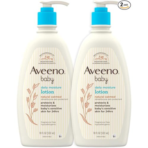 AVEENO BABY Daily Moisture Body Lotion for Delicate Skin, Natural Colloidal Oatmeal & Dimethicone, Hypoallergenic Moisturizing Lotion, Fragrance- & Paraben-Free, Twin Pack, 2 x 18 fl. oz