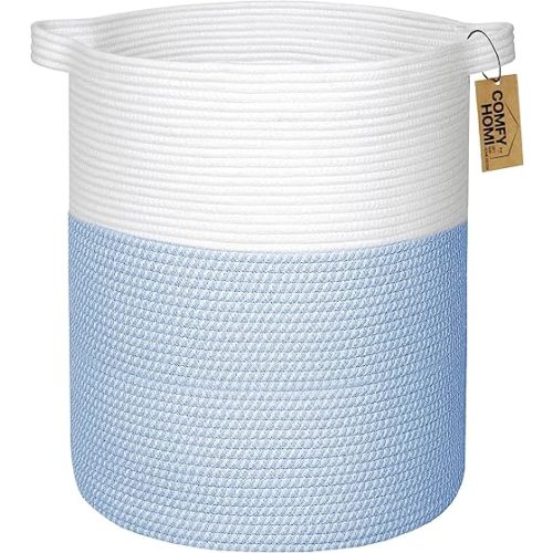 COMFY-HOMI XXL Large Laundry Basket with Handles Blanket Baskets Living Room|Woven Cotton Rope Decorative Basket Laundry Hamper Baby Basket Nursery Dog Toy Storage Organizer Bin-16”x18”-White/Blue