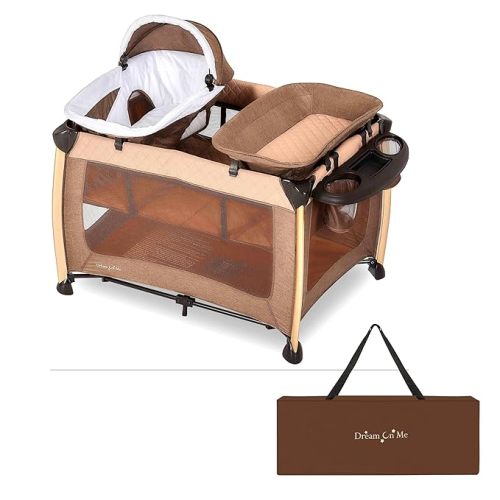 Dream On Me Princeton Deluxe Nap N Pack 3-in-1 Convertible Baby Playard, Comes With Detachable Lounger & Waterproof Canopy, Removable Changer, Playard With Bassinet, Breathable Mesh, Beige