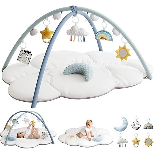 Oversized Baby Play Gym with 5 Detachable Toys & Tummy Time Pillow – Soft Cloud-Shaped Baby Play Mat for Newborns, Promotes Motor Skills & Sensory Development, Ideal Baby Gift
