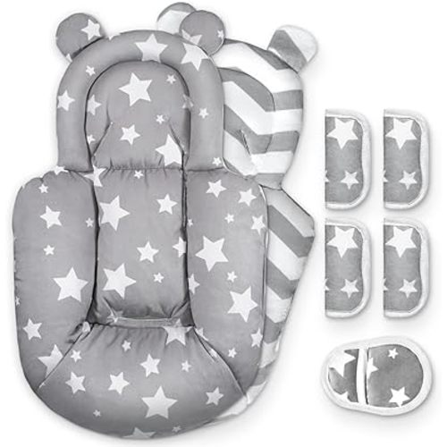 FEISIKE Infant Insert Compatible with 4moms Mamaroo & Graco, Include 5 Pcs Strap Pad, Reversible Mamaroo Newborn Insert Head and Body Support Cushion, Works for 3 to 5-Point Harness Systems, Grey