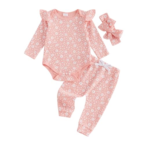 Rarjuiey Newborn Baby Girl Outfits Flower Ribbed Ruffle Long Sleeve Romper Pant Headband 3Pcs Infant Fall Winter Clothes Set
