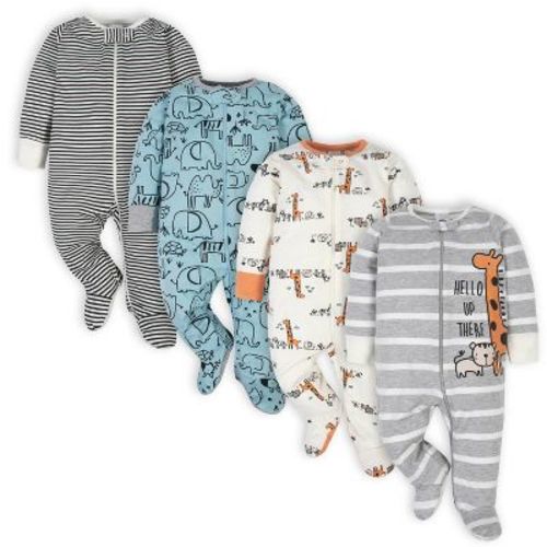 Gerber Baby Boys' Sleep 'n Plays With Mitten Cuffs - Jungle - 0-3 Months - 4-pack