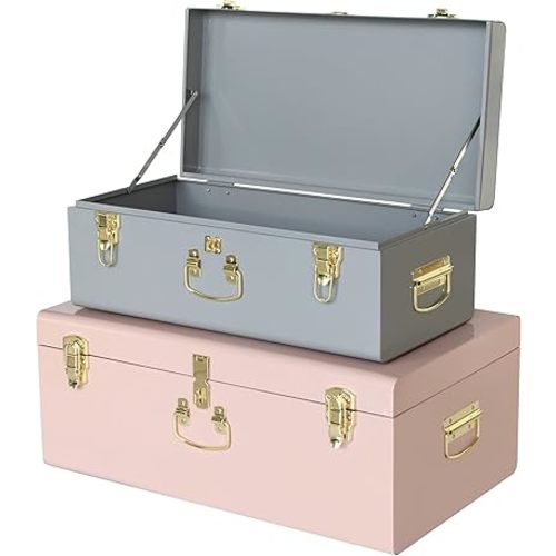 Vixdonos Decorative Metal Box Storage Trunks Set of 2 College Dorm Chest with Lock Hole,23.7X14.2X9.5 Inches(Grey and Pink)