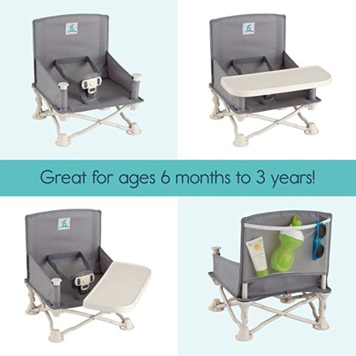 hiccapop OmniBoost Travel Booster Seat with Tray for Baby, Dining Table, Camping, Beach, Grandma’s | Folding Portable Tip-Free Design Straps to Kitchen Chairs - Slate Grey