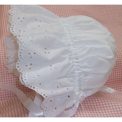 Sun Bonnet, Baby Bonnet, Easter Bonnet Pretty All White Cotton with Eyelet Ruffle,  Trimmed with Satin Ribbon and Pearl