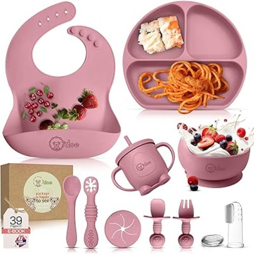 o'doe 11-Piece BPA-Free Silicone Baby Feeding Set | Thick & Soft Suction Plates, Baby Bowls, Wooden Fork & Spoon, and More | Make Mealtime Fun and Easy for Your Little One (Rose, V1)
