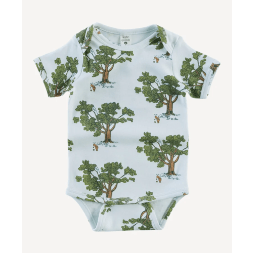 short sleeve lap neck bodysuit | blue pooh & tree | organic cotton interlock