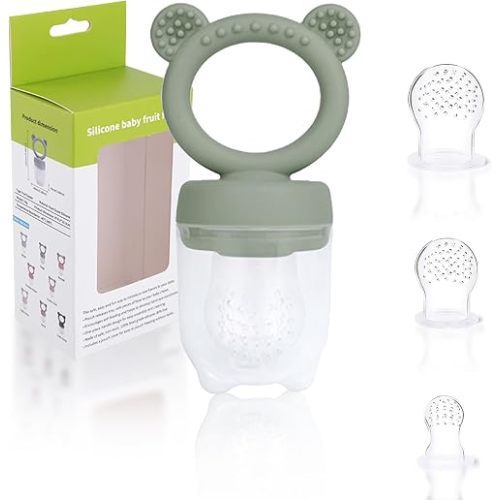 JEXFUN Baby Fruit Food Feeder Pacifier | Silicone Feeder and Teether for Infant Safely Self Feeding | Baby Teething Relief Toy Teether | Includes Additional Silicone Sacs, BPA Free (Sage)
