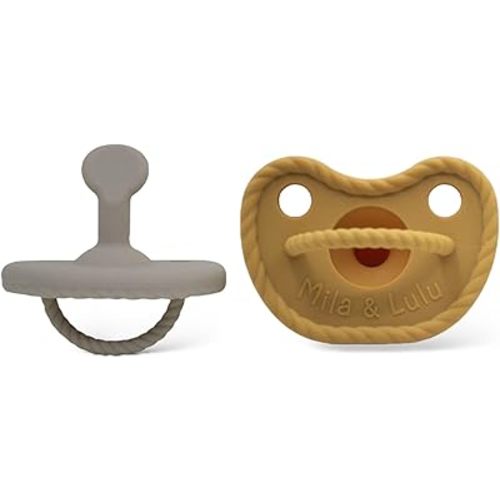 Mila & Lulu Orthodontic Shape Silicone Pacifiers (Set of 2); 0 Months and up; 100% Food Grade Silicone, One Piece Design (Cloud/Sun)