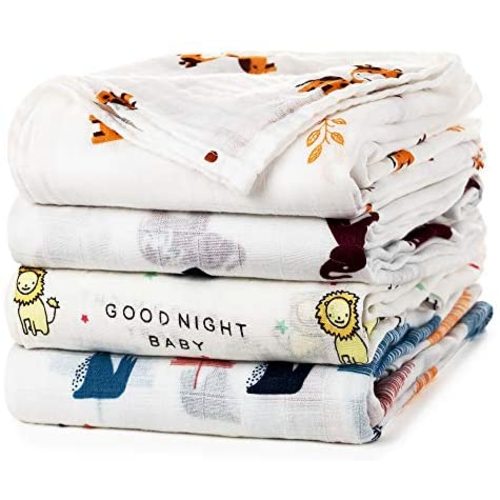 upsimples Baby Swaddle Blanket Unisex Swaddle Wrap Soft Silky Bamboo Muslin Swaddle Blankets Neutral Receiving Blanket for Boys and Girls, Large 47 x 47 inches, Set of 4-Sika Deer/Elephant/Lion/Fox