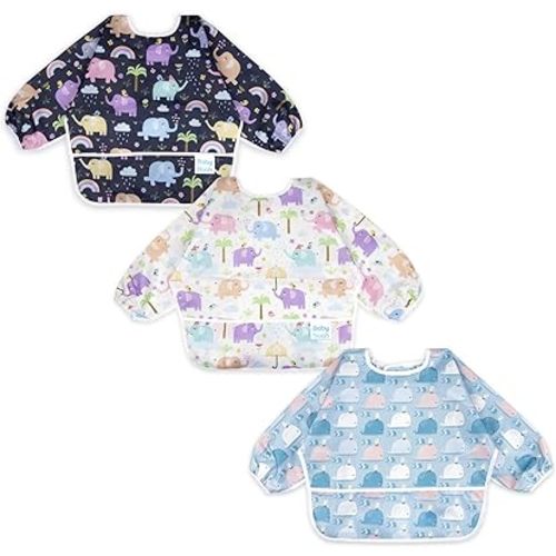 3 Pcs Long Sleeved Bib Set | Baby Waterproof Bibs with Pocket Bundle Toddler Bib with Sleeves and Crumb Catcher 6-24 Months