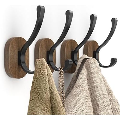 Wall Hooks for Hanging Coats - 4 Pack Coat Hooks Wall Mounted, Wood Coat Hooks for Wall, Bussdis Single Metal Hooks for Hanging Hats, Keys, Towel, Robe, Purse, Jackets, Decorative Livingroom, Bathroom