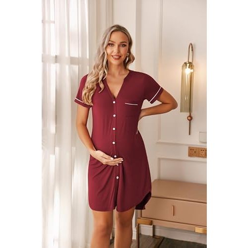 Ekouaer Nightgowns for Women Button Down Night Gowns Short Sleeve Sleep Shirt V Neck Nightshirt Soft Sleepwear Pajams Dress