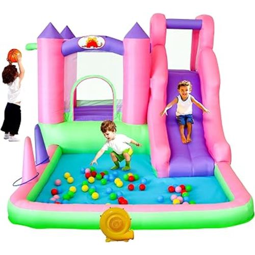 Inflatable Bounce House with Blower, 7 in 1 Jumping Castle with Slide, Ball Pit, Basketball Hoop, Ringtoss, Bouncer for Young Kids Aged 3-6, 116x 78x64 Inch