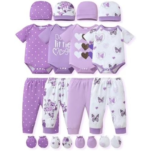 NZRVAWS Newborn Baby Boy Girl Clothes Unisex Infant Romper Pants Set Hat 4-Pack Outfits 0-12 Months 16 Pieces Toddler