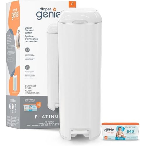 Diaper Genie Platinum Diaper Pail, White - Made in Durable Stainless Steel and Includes 1 Easy Roll Refill with 18 Bags