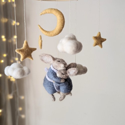 Needle Felted Peter Rabbit Nursery Mobile, Handmade Baby Shower Gift