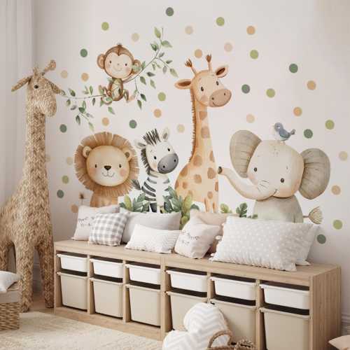 Safari Animal Wall Decal, Jungle Nursery Sticker, Watercolor Zoo Mural, Baby Room Decor, Safari Vinyl Wall Art, Kids Jungle Animals