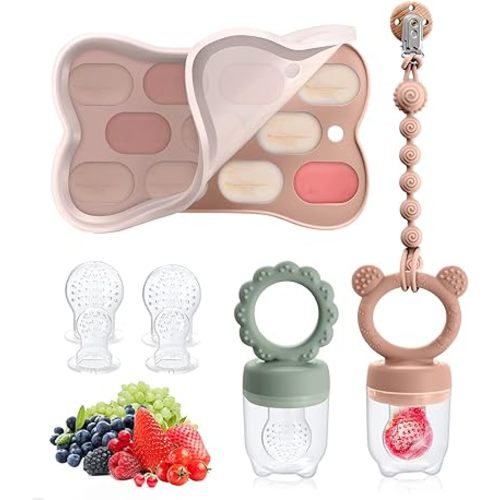 2PCS Food Grade Silicone Baby Fruit Food Feeder Pacifier & Breastmilk Popsicle Freezer Molds, BPA Free Baby Food Storage Containers for Baby Teething Relief & Infant Self Feeding(Green and Pink)