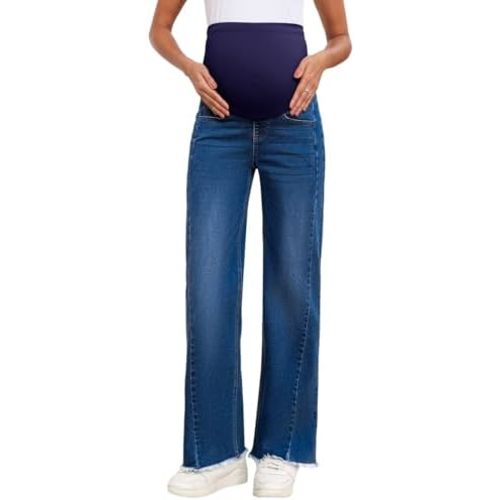 BLENCOT Maternity Jeans for Women Straight Leg Stretchy Denim Ripped Pregnancy Boyfriend Jean