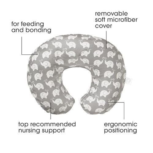 Boppy Nursing Pillow Original Support, Gray Elephant Sprinkles, Ergonomic Nursing Essentials for Bottle and Breastfeeding, Firm Fiber Fill, with Removable Nursing Pillow Cover, Machine Washable