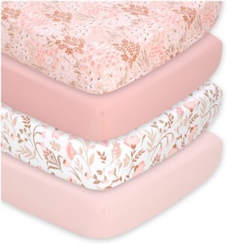 The Peanutshell Whimsical Pink Floral Microfiber 4 Pack Crib Sheets for Baby Girls