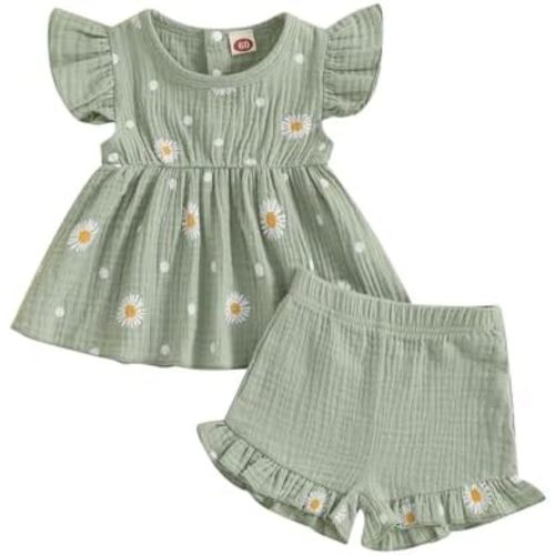 Kaipiclos Newborn Infant Girl Clothes Daisy Print Ruffle Sleeve Shirt Dress Tops Shorts Baby Summer Outfit 3 6 12 18 24 Month