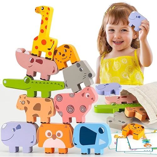 Montessori Toys for 2 3 4 Year Old Boys & Girls, Wooden Animal Stacking Blocks for Toddlers 1-3 – Building Blocks Game Stacking & Sorting Toys Ages 2-4 Toddler Birthday Gifts