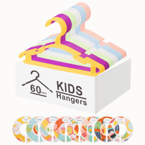 Northern Brothers Baby Hangers 60 Pack, Kids Nursery Closet Organizers with Anti-Slip Dividers,Multicolor (1-Tier, Space-Saving)