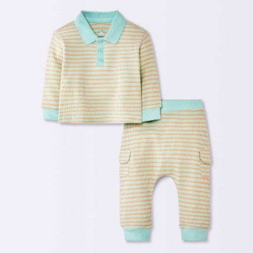 Baby Boys' 2pc Striped Waffle Henley Long Sleeve Shirt and Cargo Pants Set - Cloud Island™ Green 18M